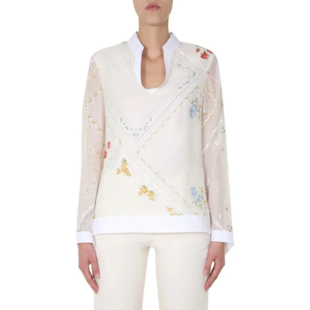 Tory Burch Handkerchief Embroidered Tunic Floral Print Split Neck Top Size 2